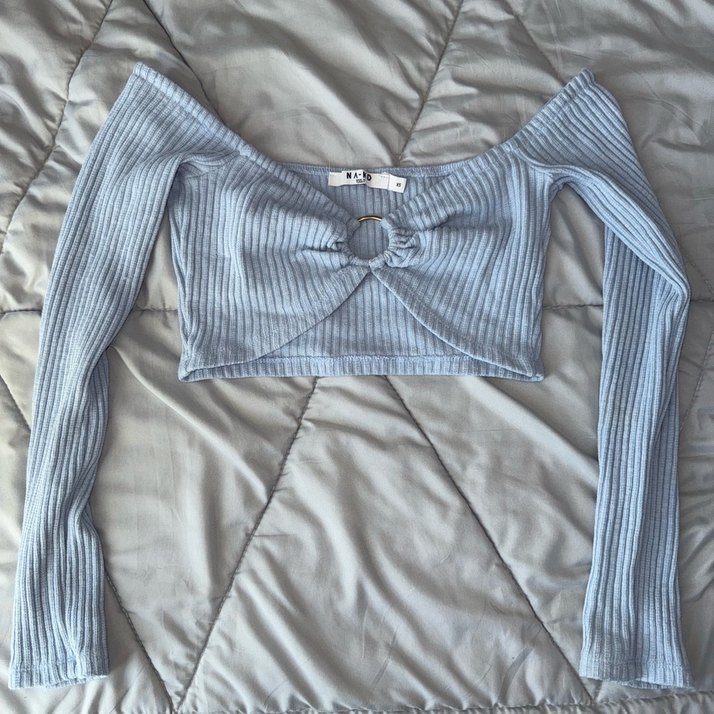 Sky Blue Off-Shoulder Ribbed Crop Top